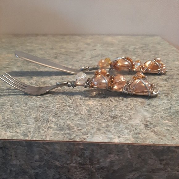 2 Jeweled Beaded Wire Hors d'Oeuvre Utensil Knife Fork Stainless Appetizer Amber - Picture 6 of 9